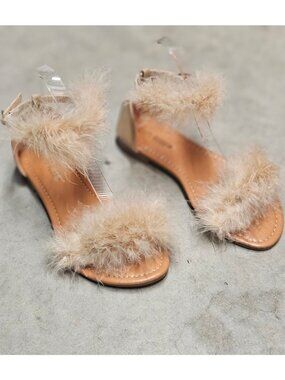 Faux Fur Strap Open-Toe Sandals With Clear Ankle Strap & Low Heel Nude